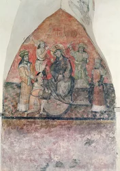 Kristus kröns med törnekrona, väggmålning i kryptan, ca 1480-1540