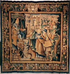 Conques museumskassa (Le Trésor de Conques). flamländsk gobeläng. Sainte Foys historia (?). Texter: DASIAN, S+PRIME, S+eVAPRAISE. 1500-talet (?).