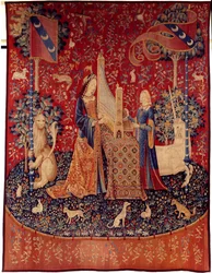 Gardin av Enhörningsfrun (Enhörningsdamen): hörsel. Gobeläng av ull och siden tillverkad mellan 1484 och 1500. Från Chateau de Boussac, Creuse. Dämpa. 3,7x4,7 m. Paris, Nationalmuseet för medeltiden, Thermes de Cluny