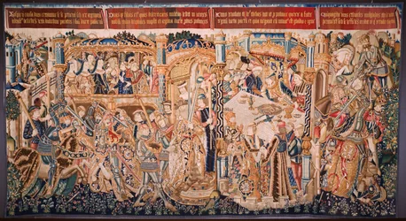 flamländsk gobeläng. Serien The History of Thebe (De geschiedenis van Thebe-La Historia de Tebas): Tidio and Polyneses (Tideus en Polineikes, Tidio y Polineces). Ca 1490-1500.