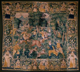 flamländsk gobeläng. Rådjursjakt (Hunting a deer). Atelier i Oudenaarde. 295x331 cm. Inv (82941)-1 / PRIVAT. 1600-talet.