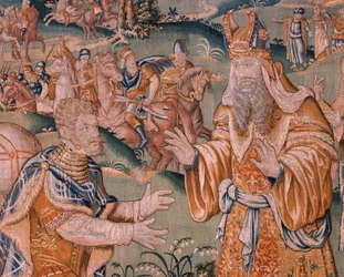 flamländsk gobeläng. Alexander före översteprästen Iaddo (Alexander före översteprästen Iaddo). Studio i Oudenaarde. 374x447 cm. Inv(830-B)4 00010. 1600-talet.