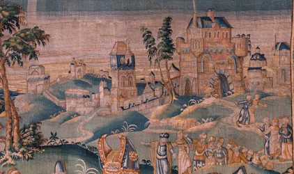 flamländsk gobeläng. Alexander före översteprästen Iaddo (Alexander före översteprästen Iaddo). Atelier i Oudenaarde. 374x447 cm. Inv(830-B)4 00010. 1600-talet.