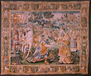 flamländsk gobeläng. Alexander före översteprästen Iaddo (Alexander före översteprästen Iaddo). Atelier i Oudenaarde. 374x447 cm. Inv(830-B)4 00010. 1600-talet.