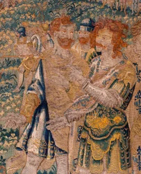 Flamländsk gobeläng. Hannibals bror Hasdrubal tas till fånga av romarna. Atelier i Oudenaarde. 347x407cm. Inv 00005.