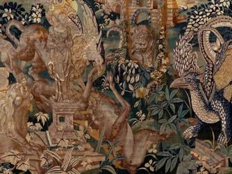 flamländsk gobeläng. Landskap med pergola och stora bestar, med 2 kolumner. Studio i Oudenaarde. 319x508cm. Inv 0023. 1600-talet.