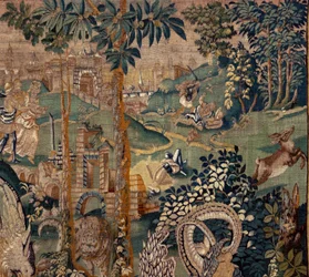 flamländsk gobeläng. Landskap med pergola och stora bestar, med 2 kolumner. Atelier i Oudenaarde. 319x508cm. Inv 0023. 1600-talet.
