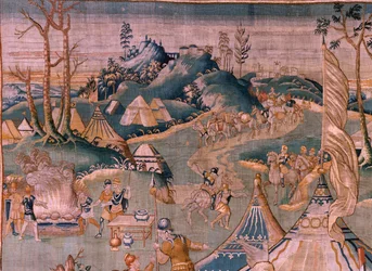 flamländsk gobeläng. Militärläger nära floden Granikos. Studio i Oudenaarde. 377x393 cm. Inv 83104-9 /00011. 1600-talet.