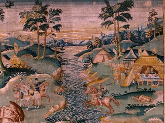flamländsk gobeläng. Militärläger nära floden Granikos. Atelier i Oudenaarde. 377x393 cm. Inv 83104-9 /00011. 1600-talet.