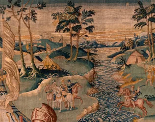 flamländsk gobeläng. Militärläger nära floden Granikos. Atelier i Oudenaarde. 377x393 cm. Inv 83104-9 /00011. 1600-talet.