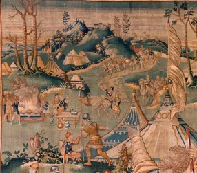 flamländsk gobeläng. Militärläger nära floden Granikos. Studio i Oudenaarde. 377x393 cm. Inv 83104-9 /00011. 1600-talet.