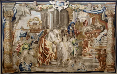 フランダースのタペストリー。 シリーズ 聖体の神格化。 モーセ律法の犠牲 (Sacrificio de la Ley Mosaica)。 ルーベンスのオリジナルからコピーされたモデル漫画。 ブリュッセルの製造。 フランス・ヴァン・デン・ヘッケによる製造。 17世紀半ば。 ファブリック シルクとウール、スウェーデン