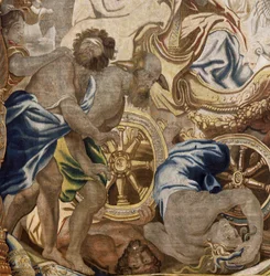 flamländsk gobeläng. Serien Apoteos av nattvarden. Kyrkans triumf (Triunfo de la Iglesia). Model Cartoon kopierad från ett original av Rubens. Bryssel tillverkning. Tillverkning av Frans van den Hecke. Mitten av 1600-talet. Tyg Siden och ull, 7/8 varp