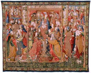 flamländsk gobeläng. Serieavsnitt från The Life of the Virgin. Profetiorna uppfylls vid Kristi födelse (Profetiornas uppfyllelse vid Guds Sons födelse). Första gobelängen i serien. Modeller tillskrivna Jan von Roome (eller van B