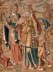 flamländsk gobeläng. Serien Esau och . Möte mellan Jakob och Esau (Encuentro entre Jacob y Esaú). Tredje tapeten i serien. Tillverkning Nederländerna, andra hälften av 1500-talet. Tyg Ull. Plats Church of Saint Nicholas of Bari (museet öppnat