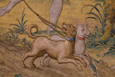 flamländsk gobeläng. Serie Fable of Ovidius: Rånet av Ganymedes. Atelier Willem de Pannemaker, Bryssel. Före 1556. Detalj.