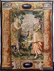 flamländsk gobeläng. Serie Gallantry (Galante). Galant scen (Escena galante). Tillverkning Bryssel, tidigt 1600-tal. Tyg Siden och ull, 5/6 varp per cm. Storlek 348 x 263 cm. Plats Kyrkan San Millán de la Cogolla, Oncala (Soria). Ursprung En donation