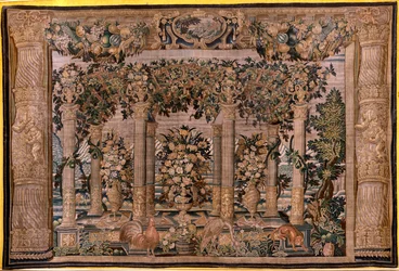 flamländsk gobeläng. Serier Gallerier with animals or Galleries of espaliers (Galleries with animals or Galleries of espaliers 10). Tvåa i serien. Siden och ull. 1600-talet.