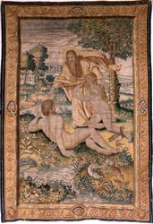flamländsk gobeläng. Serien Genesis eller The Creation Man. Gud skapar kvinnan och introducerar henne för Adam (Dios crea a la mujer y la presenta a Adán). Modell baserad på Michiel Coxcie. Tillverkar Jan Aerst i Bryssel. Ca 1630. Tyg Siden och ull.