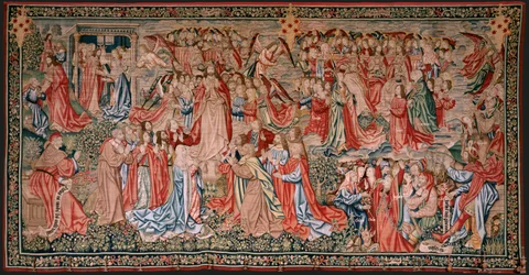 flamländsk gobeläng. Serien Human Redemption eller laster och dygder. Kristus stiger upp till himlen och människan är återlöst inför Gud (Cristo asciende al Cielo y el Hombre se redime ante Dios). Nionde gobeläng i serien (fjärde av de som förvaras i Palen