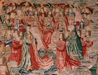 flamländsk gobeläng. Serien Human Redemption eller laster och dygder. Kristus stiger upp till himlen och människan är återlöst inför Gud (Cristo asciende al Cielo y el Hombre se redime ante Dios). Nionde gobeläng i serien (fjärde av de som förvaras i Palen