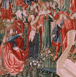 flamländsk gobeläng. Serien Human Redemption eller laster och dygder. Kristus Frälsaren som ett barn (Cristo Salvador como Niño). Femte gobeläng i serien (andra av de som förvaras i Palencia). Bryssel tillverkning, verkstad. Ca 1510. Storlek 425 x 800 cm. 