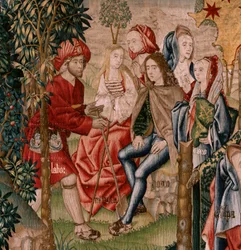 flamländsk gobeläng. Serien Human Redemption eller laster och dygder. Laster leder människan till synd (Los Vicios conducen al Hombre al pecado). Andra gobeläng i serien (den första av de som förvaras i Palencia. Bryssel tillverkning, verkstad. Ca 1510. St