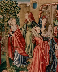 flamländsk gobeläng. Serien Human Redemption eller laster och dygder. Laster leder människan till synd (Los Vicios conducen al Hombre al pecado). Andra gobeläng i serien (den första av de som förvaras i Palencia. Bryssel tillverkning, verkstad. Ca 1510. St