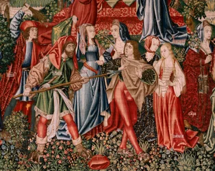 flamländsk gobeläng. Serien Human Redemption eller laster och dygder. Laster leder människan till synd (Los Vicios conducen al Hombre al pecado). Andra gobeläng i serien (den första av de som förvaras i Palencia. Bryssel tillverkning, verkstad. Ca 1510. St