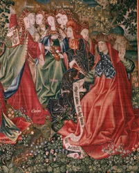 flamländsk gobeläng. Serien Human Redemption eller laster och dygder. han dygder utmanar lasterna när Kristus börjar sin tjänst (Las Virtudes desafían a los Vicios cuando Cristo comienza su ministerio). Sjätte gobeläng i serien (tredje av de som finns i P