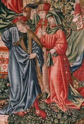flamländsk gobeläng. Serien Human Redemption eller laster och dygder. han dygder utmanar lasterna när Kristus börjar sin tjänst (Las Virtudes desafían a los Vicios cuando Cristo comienza su ministerio). Sjätte gobeläng i serien (tredje av de som finns i P