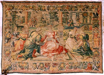 flamländsk gobeläng. Serien Mark Anthony och Cleopatra. Cleopatra och hennes hov (Cleopatra en su corte). Tecknad modell tillskriven Pieter Coecke van Aelst. Tillverkning Bryssel(?). Andra hälften av 1500-talet. Tyg Siden och ull. Storlek 310 x 435 cm. Urs