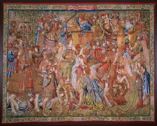 flamländsk gobeläng. Serien Moralities: The virtue of the honors (De deugd van de Honores, The Virtue of honors). Omkring 1520.
