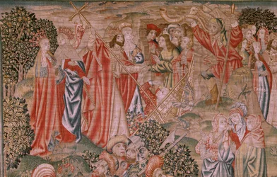 flamländsk gobeläng. Serien Redemption of Man eller laster och dygder. Kristi uppståndelse (Resurrección de Cristo). Åttonde gobeläng i serien (den första av de som förvaras i Burgos). Tillverkning Bryssel. Ca 1510. Tyg Siden och ull, 7 varp per cm.