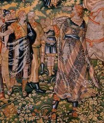 flamländsk gobeläng. Serien Story of Cyrus. No II Astyages känner igen Cyrus (Ciro reconocido por Astiages). Anonym, baserad på Michiel Coxcie. Atelier Antwerpen. Siden och ull. Omkring 1590.
