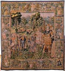 flamländsk gobeläng. Serien Story of Cyrus. No II Astyages känner igen Cyrus (Ciro reconocido por Astiages). Anonym, baserad på Michiel Coxcie. Atelier Antwerpen. Siden och ull. Omkring 1590.