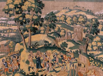 flamländsk gobeläng. Serien Story of Cyrus. No VI Tomyris beordrar Cyrus huvud att doppas i ett blodkärl (Tomiris manda sumergir la cabeza de Ciro en un recipiente lleno de sangre). Anonym, baserad på Michiel Coxcie. Atelier Antwerpen. Siden och woo