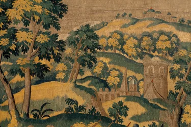flamländsk gobeläng. Serien Story of Cyrus. No VI Tomyris beordrar Cyrus huvud att doppas i ett blodkärl (Tomiris manda sumergir la cabeza de Ciro en un recipiente lleno de sangre). Anonym, baserad på Michiel Coxcie. Atelier Antwerpen. Siden och woo