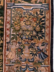 flamländsk gobeläng. Serien Story of Cyrus. No V Strid mellan två krigare och Cyrus död (Combate de dos guerreros y muerte de Ciro). Anonym, baserad på Michiel Coxcie. Atelier Antwerpen. Siden och ull. Omkring 1590.