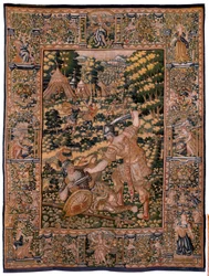 flamländsk gobeläng. Serien Story of Cyrus. No V Strid mellan två krigare och Cyrus död (Combate de dos guerreros y muerte de Ciro). Anonym, baserad på Michiel Coxcie. Atelier Antwerpen. Siden och ull. Omkring 1590.