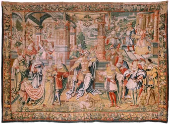 flamländsk gobeläng. Serien Story of David. David före Saul (David ante Saúl). Modell av Bernard van Orley. Tillverkning Bryssel. Ca1525. Tyg Siden och ull. Storlek 560 x 410 cm. Plats Burgos katedral. Ursprung Ett testamente till katedralen 1535 med kort