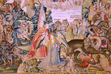flamländsk gobeläng. Serien The Apocalypse: Saint Michael besegrar draken. Atelier Willem Dermoyen, Bryssel. Ca 1553-1555. Detalj.