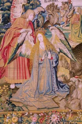 flamländsk gobeläng. Serien The Apocalypse: Saint Michael besegrar draken. Atelier Willem Dermoyen, Bryssel. Ca 1553-1555. Detalj.