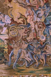 flamländsk gobeläng. Serien The Apocalypse: Saint Michael besegrar draken. Atelier Willem Dermoyen, Bryssel. Ca 1553-1555. Detalj.