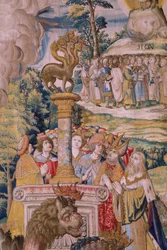 flamländsk gobeläng. Serien The Apocalypse: Saint Michael besegrar draken. Atelier Willem Dermoyen, Bryssel. Ca 1553-1555. Detalj.