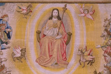 flamländsk gobeläng. Serien The Apocalypse: Saint Michael besegrar draken. Atelier Willem Dermoyen, Bryssel. Ca 1553-1555. Detalj.