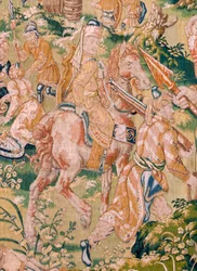 flamländsk gobeläng. Serie: The Book of Judith. Holofernes bankett (El banquete de Holofernes). Sjätte gobelängen i serien. Tillverkning: Nederländerna, Bryssel(?). Andra hälften av 1500-talet. Tyg: Ull. Plats: Church of Saint Nicholas of Bari (m