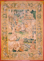 flamländsk gobeläng. Serien Judiths bok. Återvänd till Bethulia (Regreso a Betulia). Åttonde gobeläng i serien. Tillverkning Nederländerna, Bryssel(?). Andra hälften av 1500-talet. Tyg Ull. Plats Church of Saint Nicholas of Bari (museet öppnat