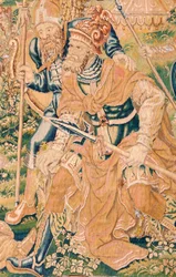 flamländsk gobeläng. Serien Judiths bok. Halshuggningen av Holofernes (La decapitación de Holofernes). Sjunde gobelängen i serien. Tillverkning Nederländerna, Bryssel(?). Andra hälften av 1500-talet. Tyg Ull. Plats Church of Saint Nicholas