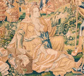 flamländsk gobeläng. Serien Judiths bok. Halshuggningen av Holofernes (La decapitación de Holofernes). Sjunde gobeläng i serien. Tillverkning Nederländerna, Bryssel(?). Andra hälften av 1500-talet. Tyg Ull. Plats Church of Saint Nicholas